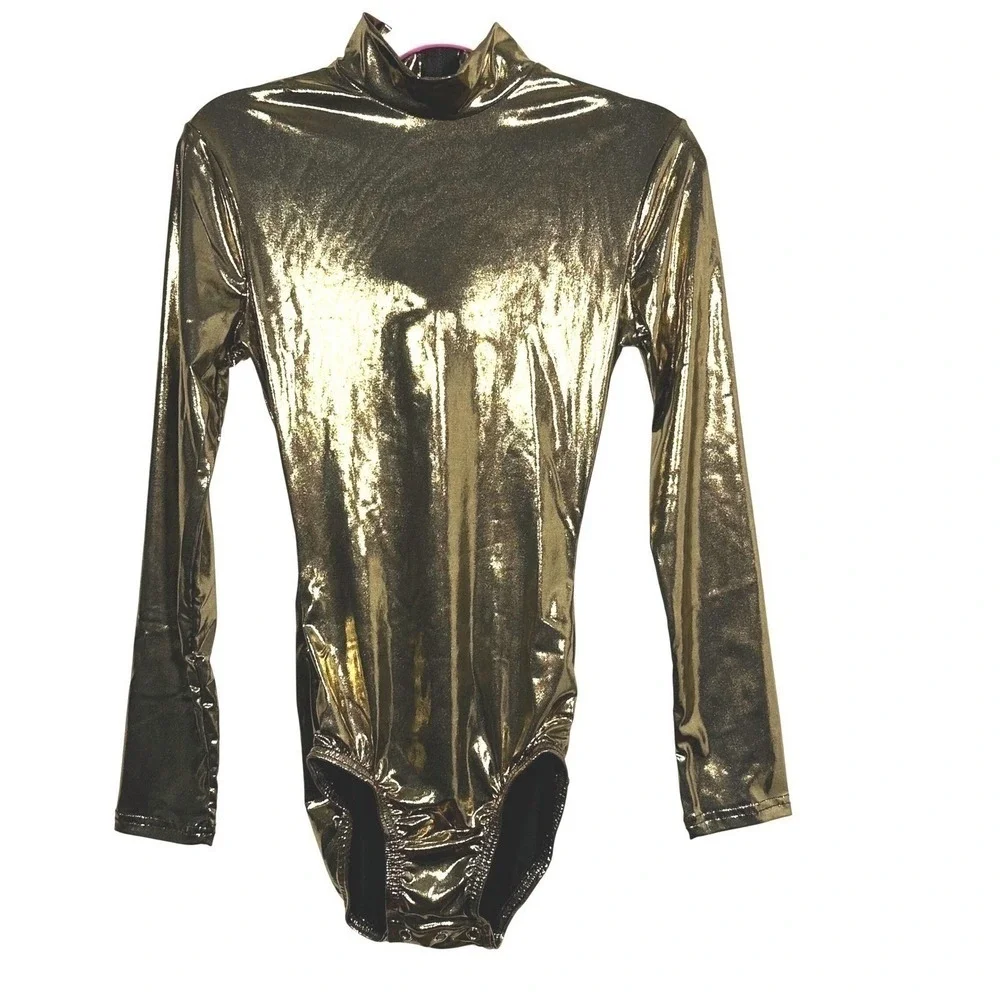 Body Wrappers Metallic Gold Long Sleeve Mock Neck Leotard adult XS NWT